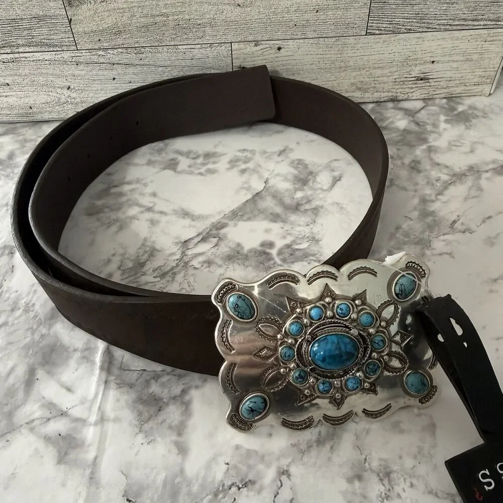 Guess Genuine Mens Leather Concho Belt Western Faux Turquoise Buckle Boho XL NWT